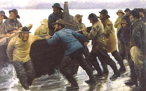 Fishermen setting a rowing boat ashore, Michael Ancher